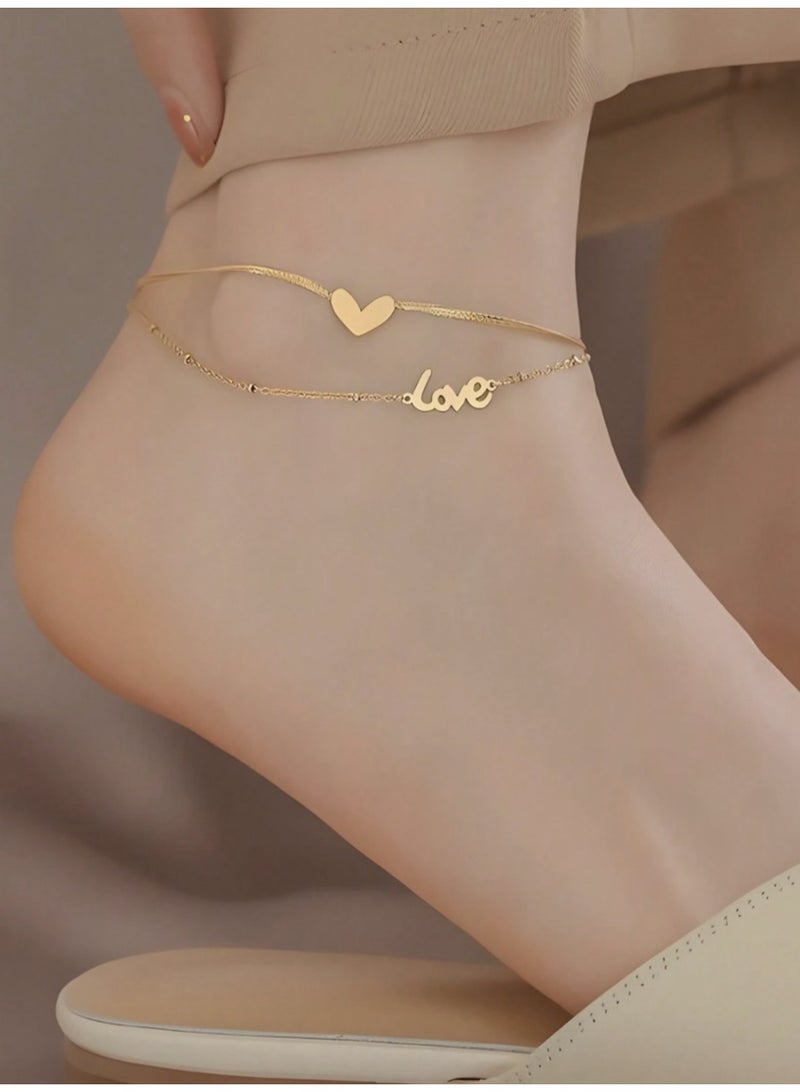 veya A High-Quality Double-Layer Titanium Anklet, 18K Gold Plated With A Stylish LOVE Design That Never Fades. - Image 2